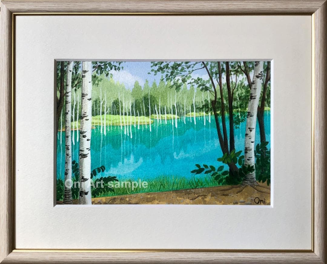 アクリル画　原画　「美瑛・青い池03」額縁付　SMサイズ　風景画