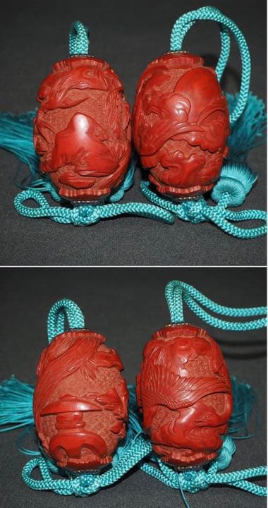 送料無料　江戸～明治 春燕秋雁堆朱風鎮一対 箱付 大珍品