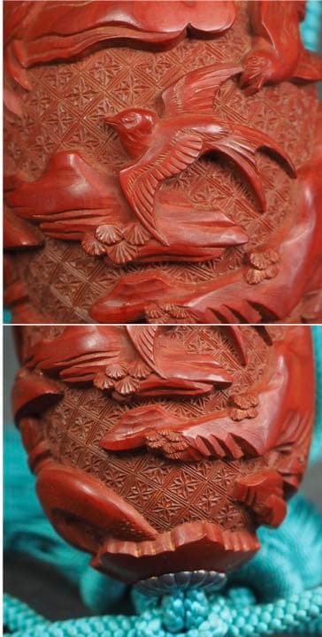 送料無料　江戸～明治 春燕秋雁堆朱風鎮一対 箱付 大珍品