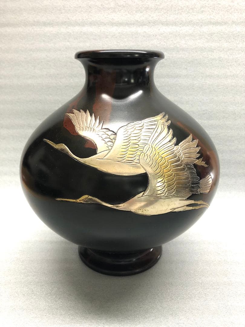 花器　花瓶　双鶴彫金　真峰作　ブロンズ