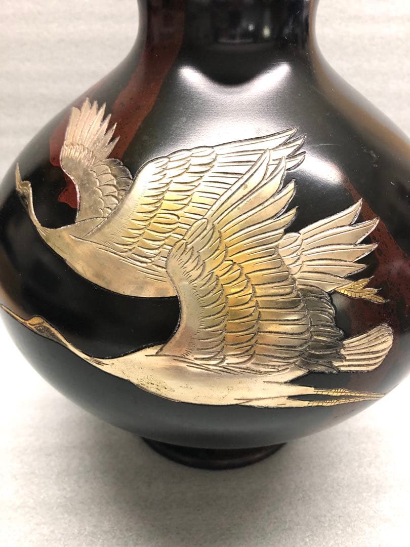 花器　花瓶　双鶴彫金　真峰作　ブロンズ