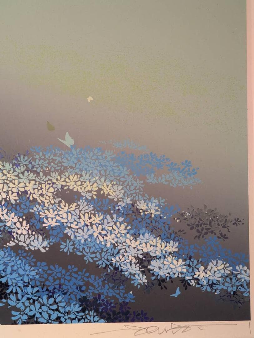 【真作】版画　シルクスクリーン　蒼の花園　幻想的ブルーの花々と蝶　Y47