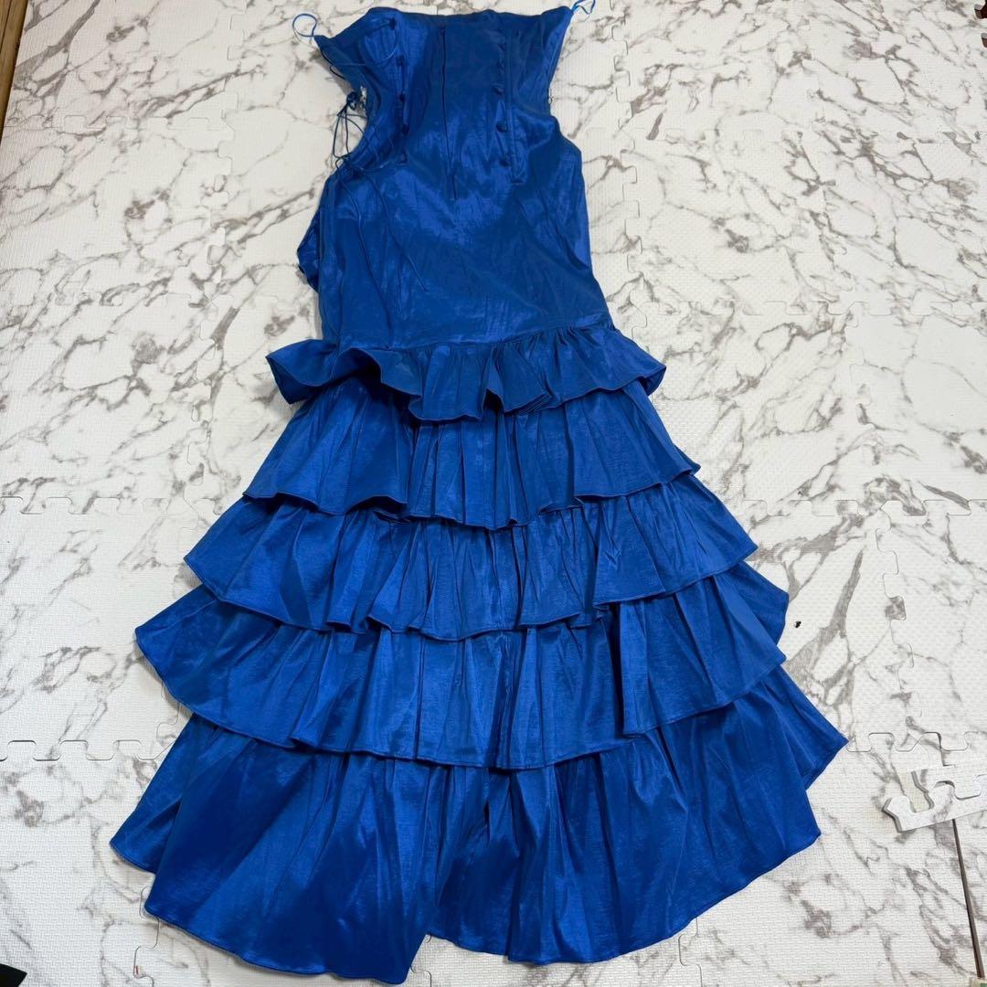 美品 S ロングドレス 青 ビジュー フリル パーティー