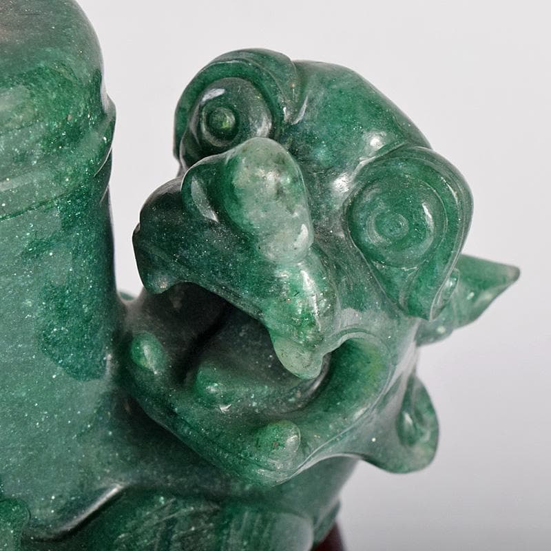 中国　玉石碧玉彫刻　神獣形　飾壷　置物　唐木台付　U　R8768