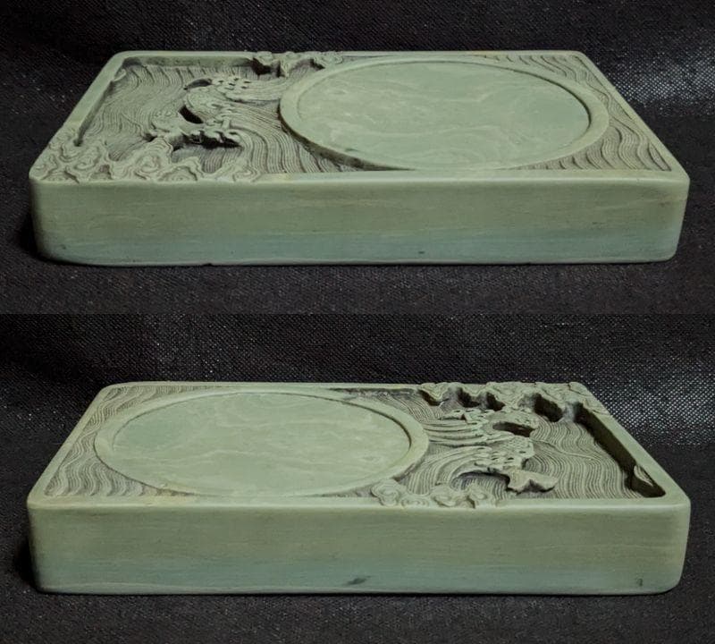 【松花江緑石　龍馬波濤文時代硯】◆淡緑に白雲紋美石◆上箱◆松花石◆検→端渓・歙州