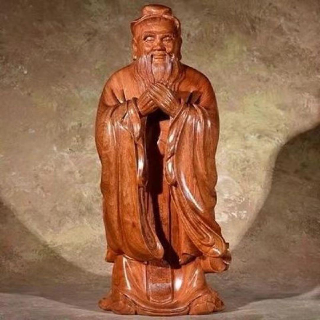 孔子像 木彫り 置物 工芸品 デスク飾り 書斎 インテリア 約15cm哲学者像