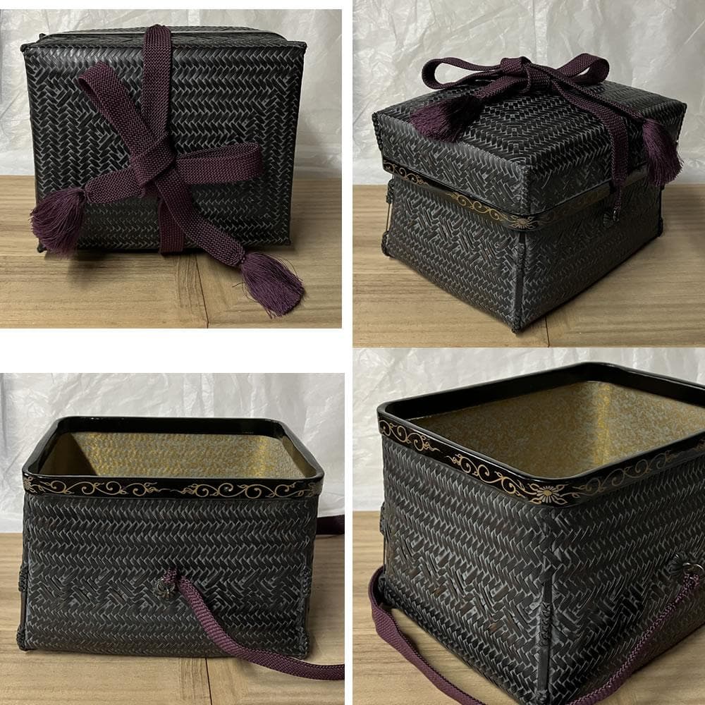 F1300 御所籠 平安 元竺 共箱 栗田元竺 色紙点 茶籠 茶箱 竹籠 野点