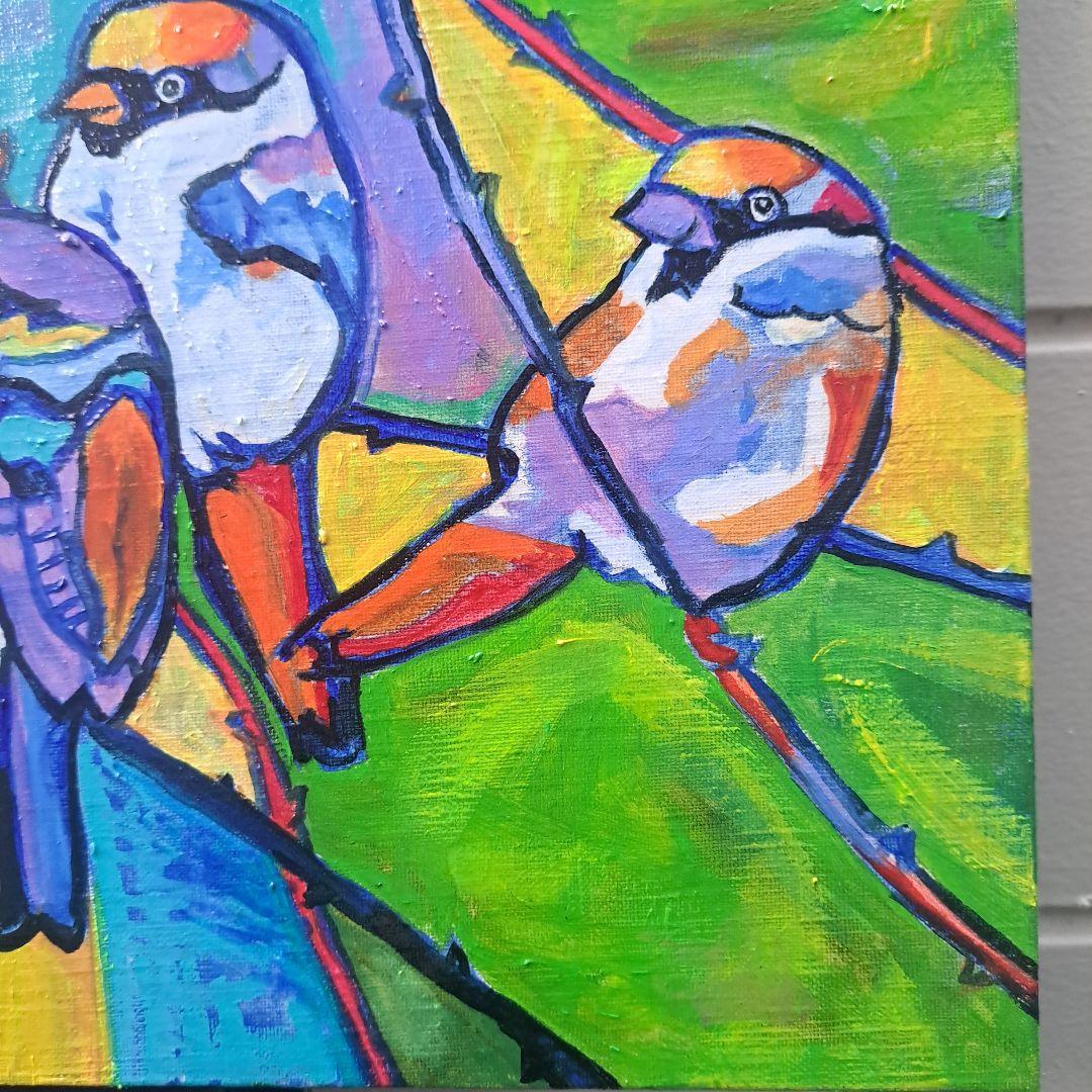 キャンバス油絵　専用　芽吹きとすずめたち