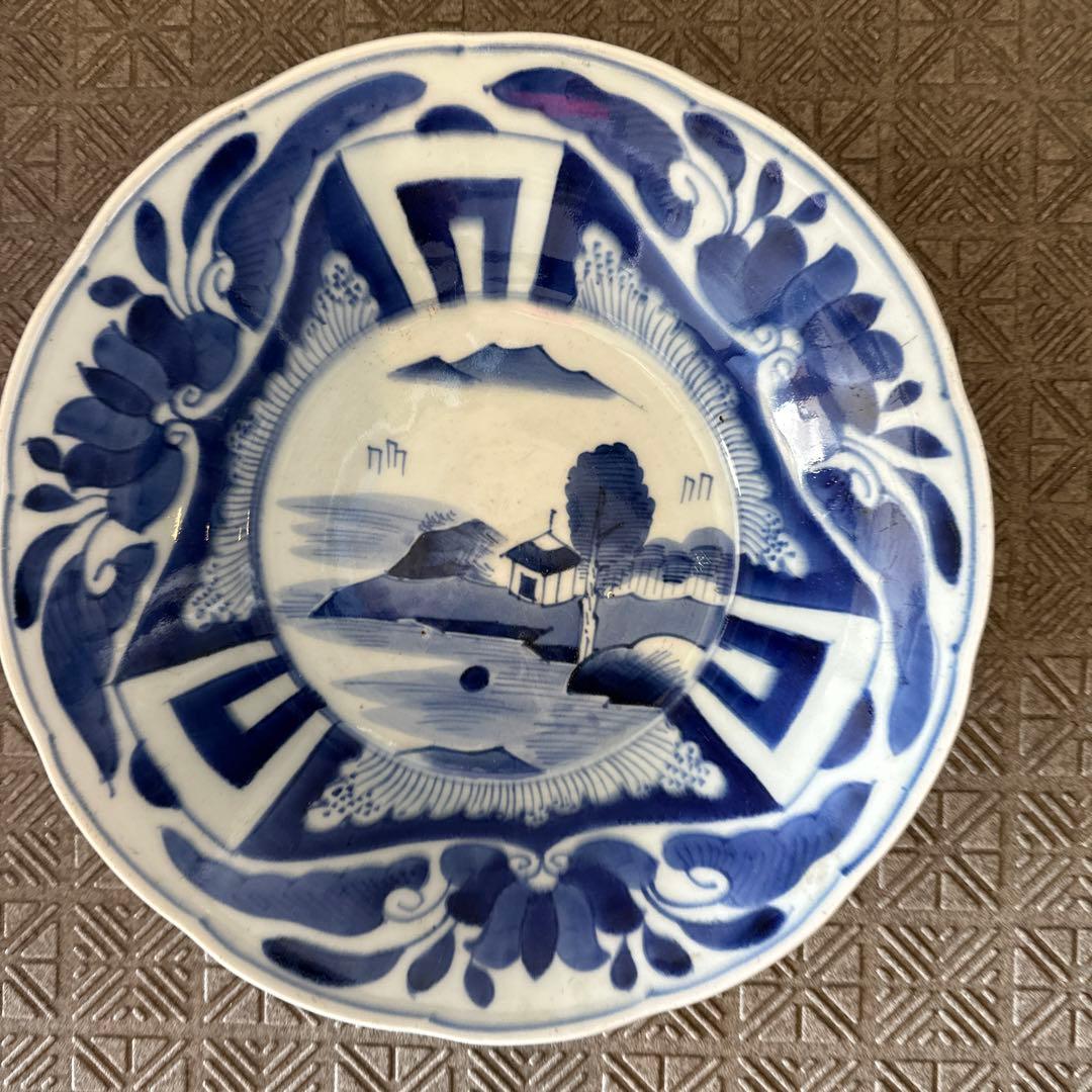 古伊万里、染め付け、三花、楼閣山水、輪花深大皿江戸時代、