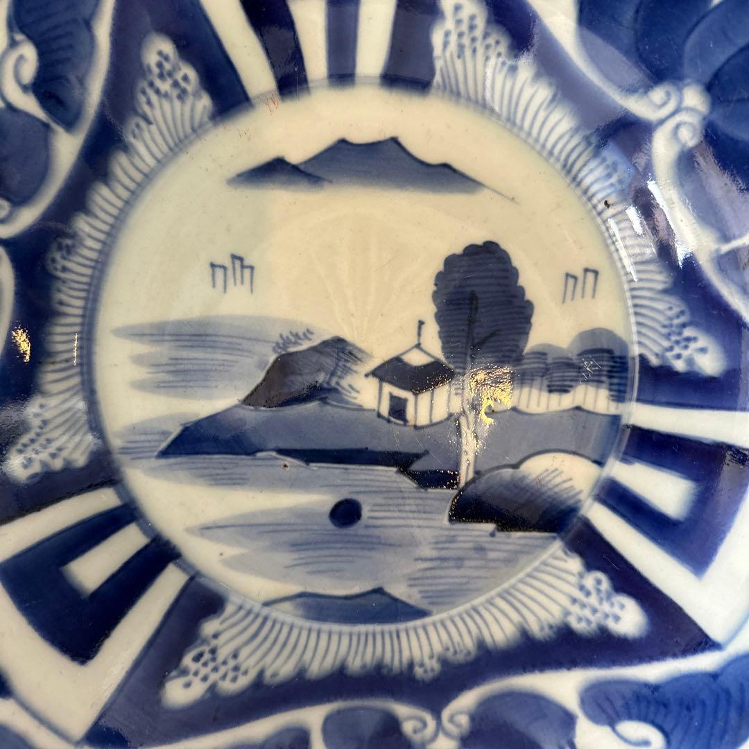 古伊万里、染め付け、三花、楼閣山水、輪花深大皿江戸時代、