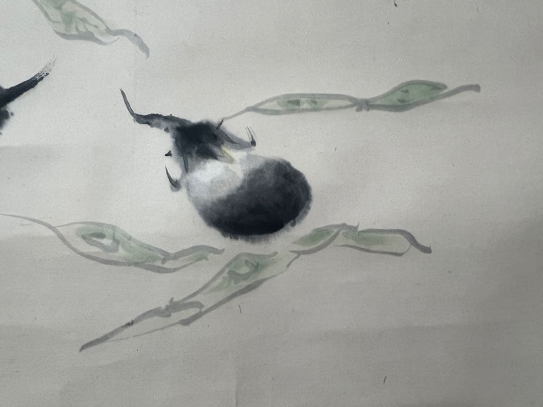 掛け軸　横物［茄子枝豆にコオロギ図］肉筆 木箱無し！