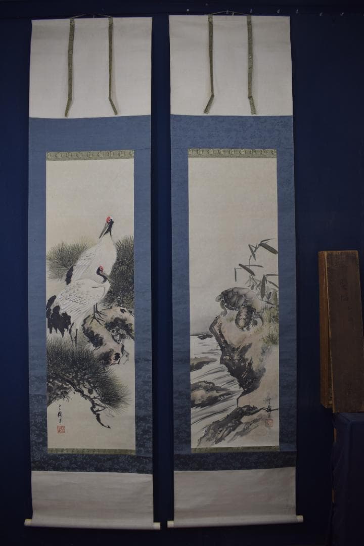 雲僊/鶴亀之図/双幅/掛軸☆宝船☆Z-282