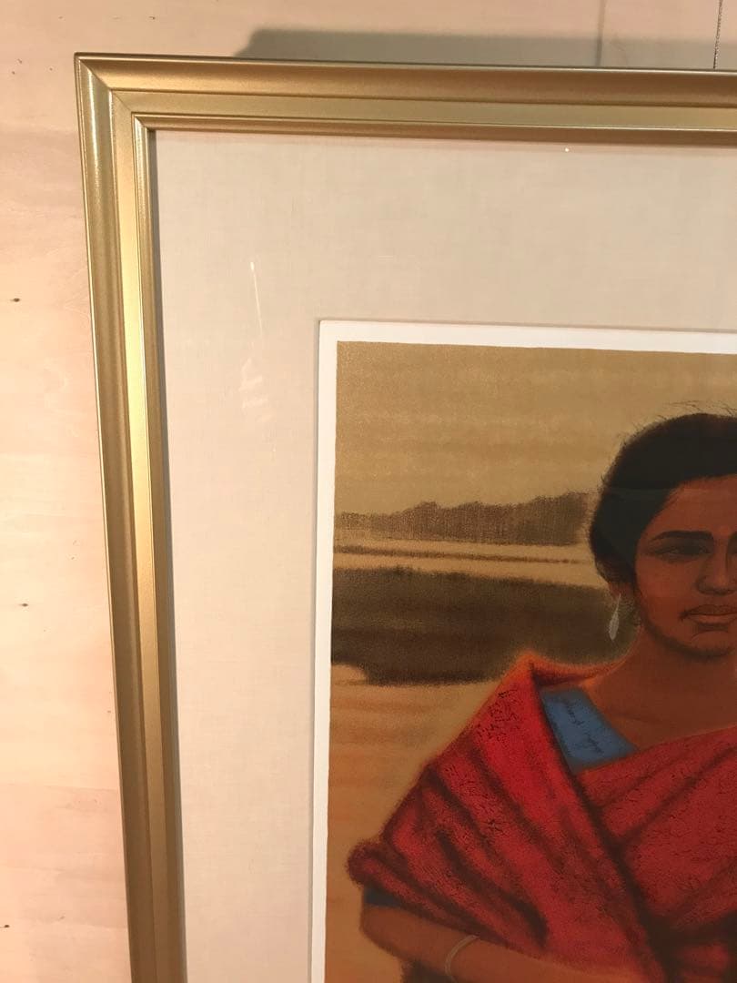 平山郁夫　「紅衣の女性」　シルクスクリーン　直筆サイン・作品証明シール有り