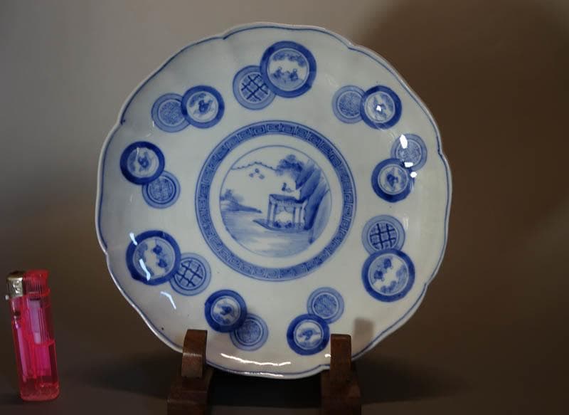 古伊万里 染付　丸文散中皿　3枚　楼閣山水図　渦福　輪花　 江戸後期 2253