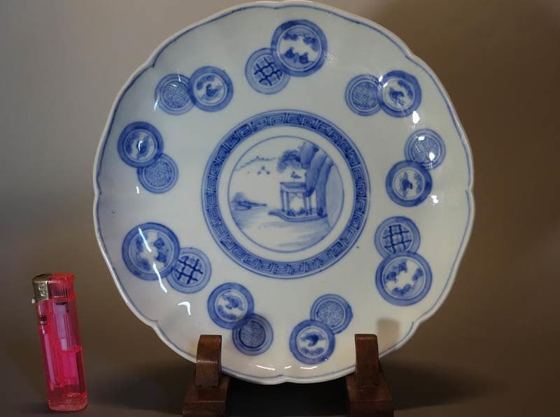 古伊万里 染付　丸文散中皿　3枚　楼閣山水図　渦福　輪花　 江戸後期 2253