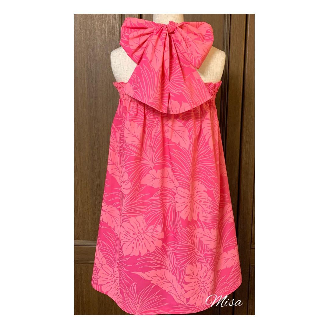 ハワイ生地ピンクリーフ柄リボンドレス　期間限定SALE