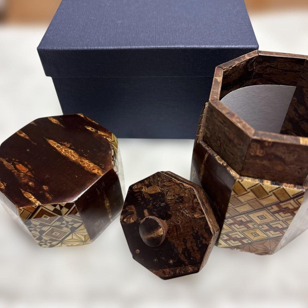 【希少・未使用】寄木細工 茶筒 八角形 内蓋も木製 説明書付き 縁起物