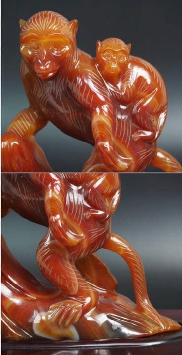 送料無料　名工土橋正市作　極上瑪瑙彫刻猿置物 共箱・作歴・証明書