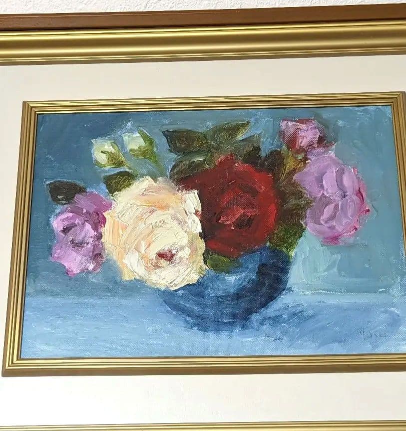 薔薇の油絵　額つき　縦42vm横51cm幅5cm