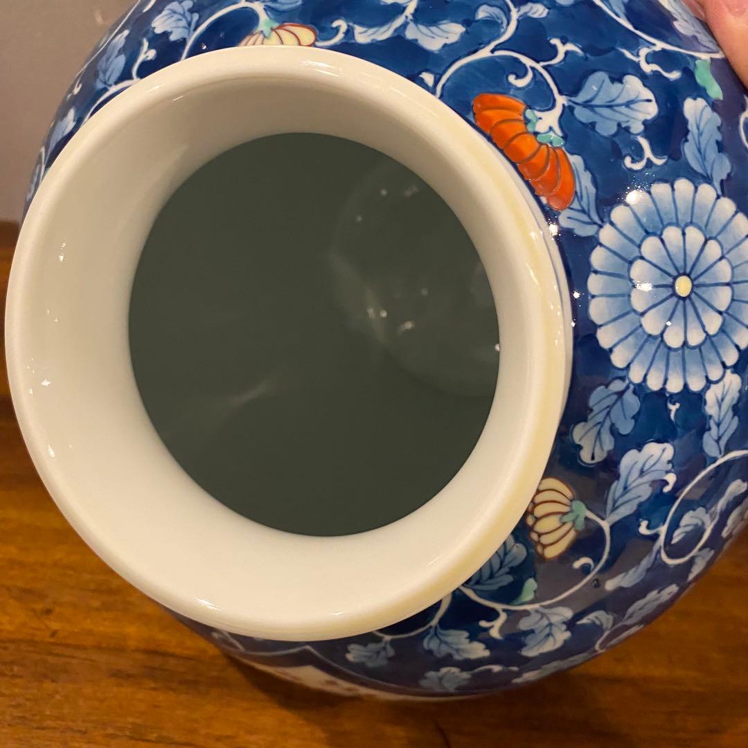 有田焼 池田視行作 二方割 花鳥文 大壺 36cm 骨董品 染錦　コレクション