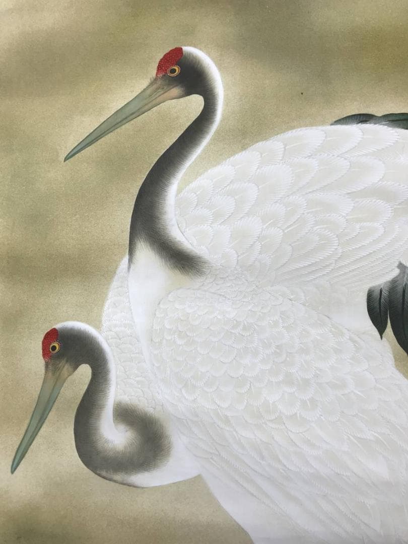 【真作】春斎/双鶴図/鶴図/旭日図/祝事掛/掛軸/名家伝来/AC-542