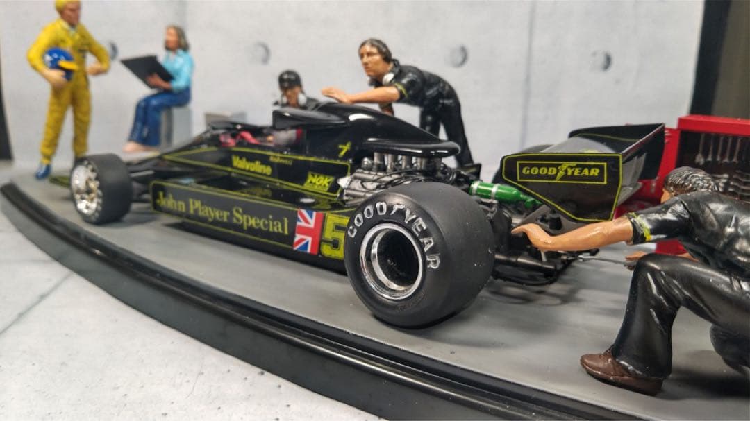 JPSロータス78完成品とタミヤ　モータースポーツチームセットの組合せ情景作品