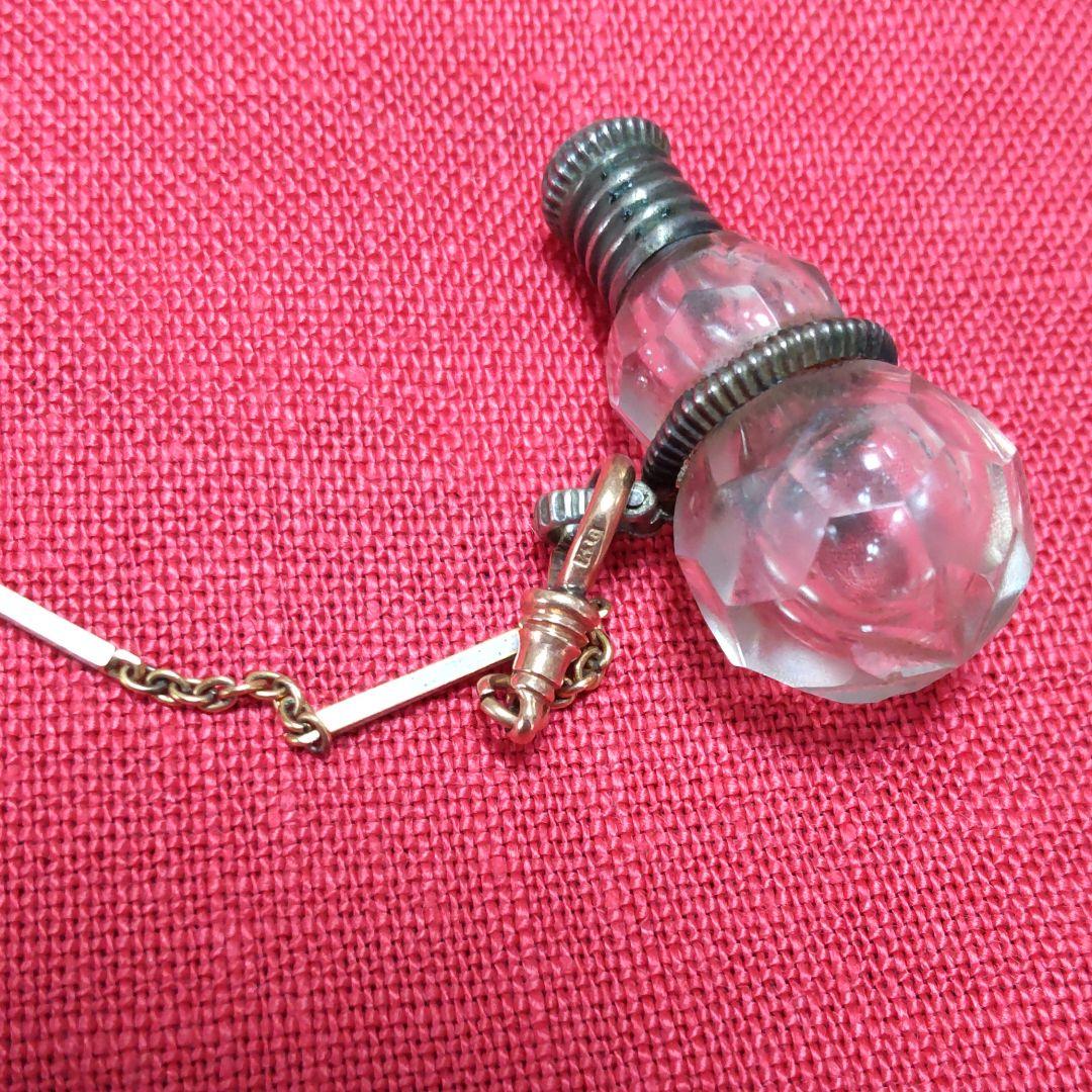 江戸時代ギヤマン切子瓢箪型銀製金具根付け/K18チェーン。