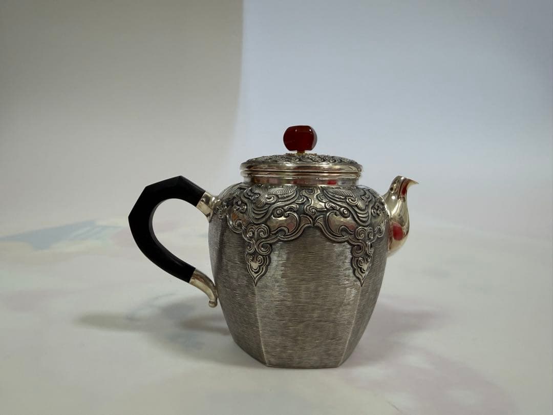 純銀製 六面取 饕餮文 玉石摘 急須 銀瓶 煎茶道具