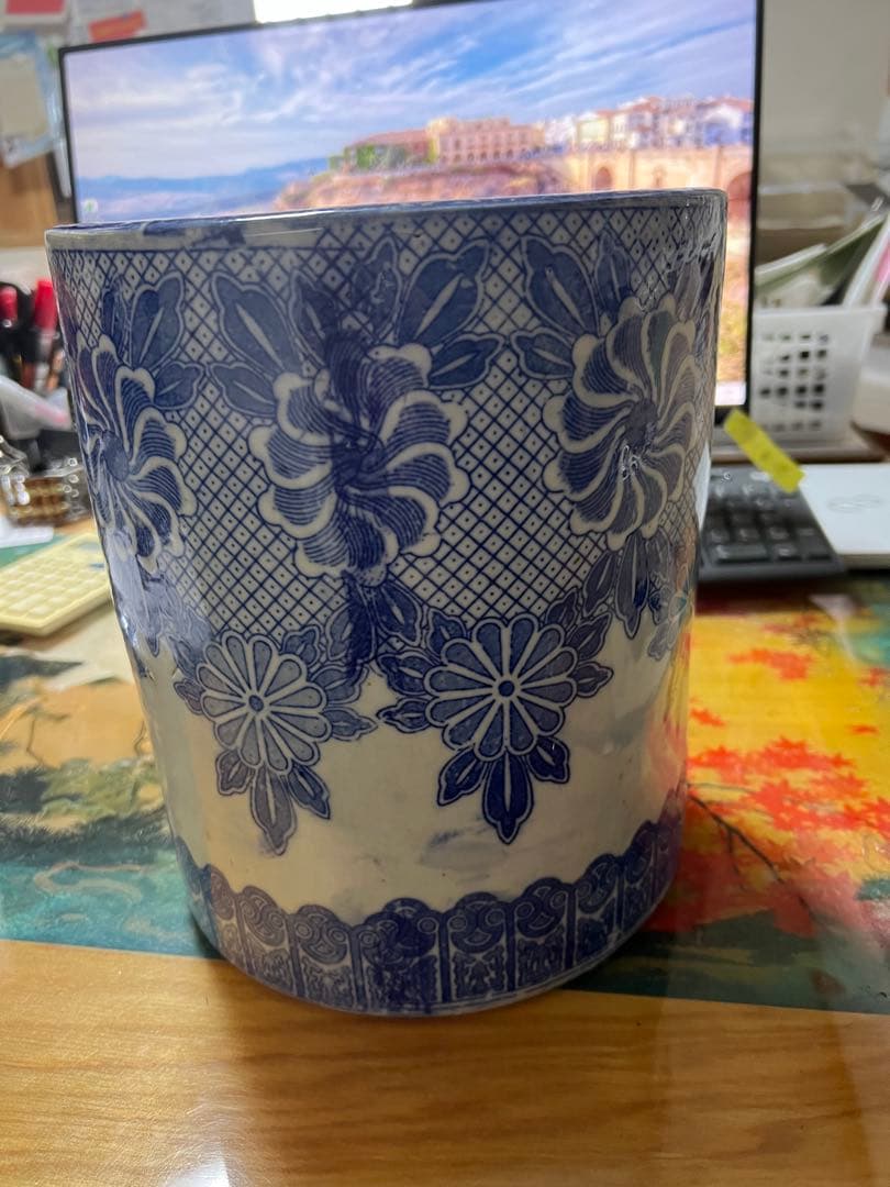 火鉢 染付 伊万里 手あぶり 手描き 鉢カバー 古道具 古民具 レトロ　骨董品