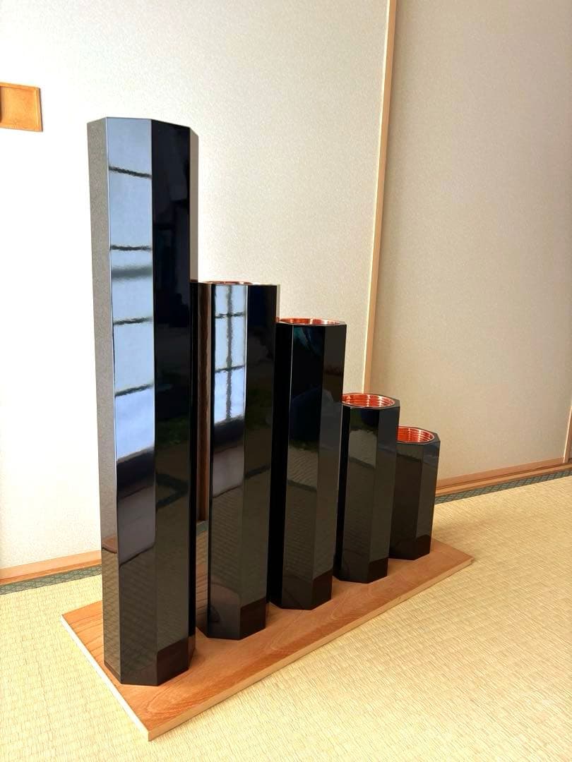 72 美品！八角五管筒　五管　真塗　5本セット　花入れ　華道具　生け花　寸胴