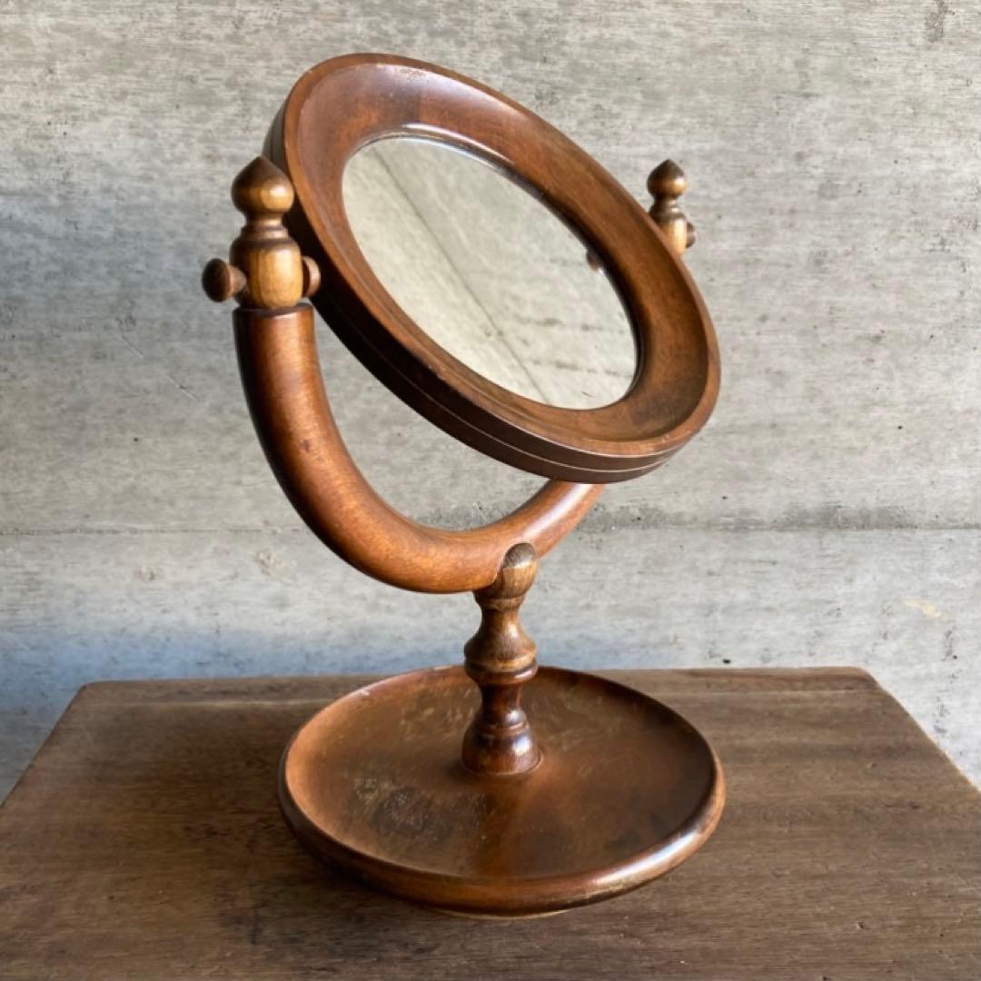 古い味のある卓上鏡 鏡台 ミラー 木製 回転式 丸型 民藝 レトロ ヴィンテージ
