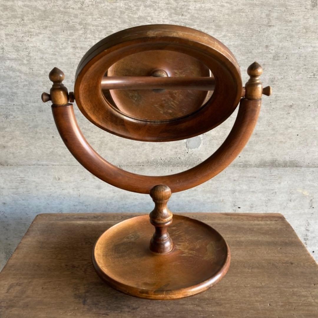 古い味のある卓上鏡 鏡台 ミラー 木製 回転式 丸型 民藝 レトロ ヴィンテージ