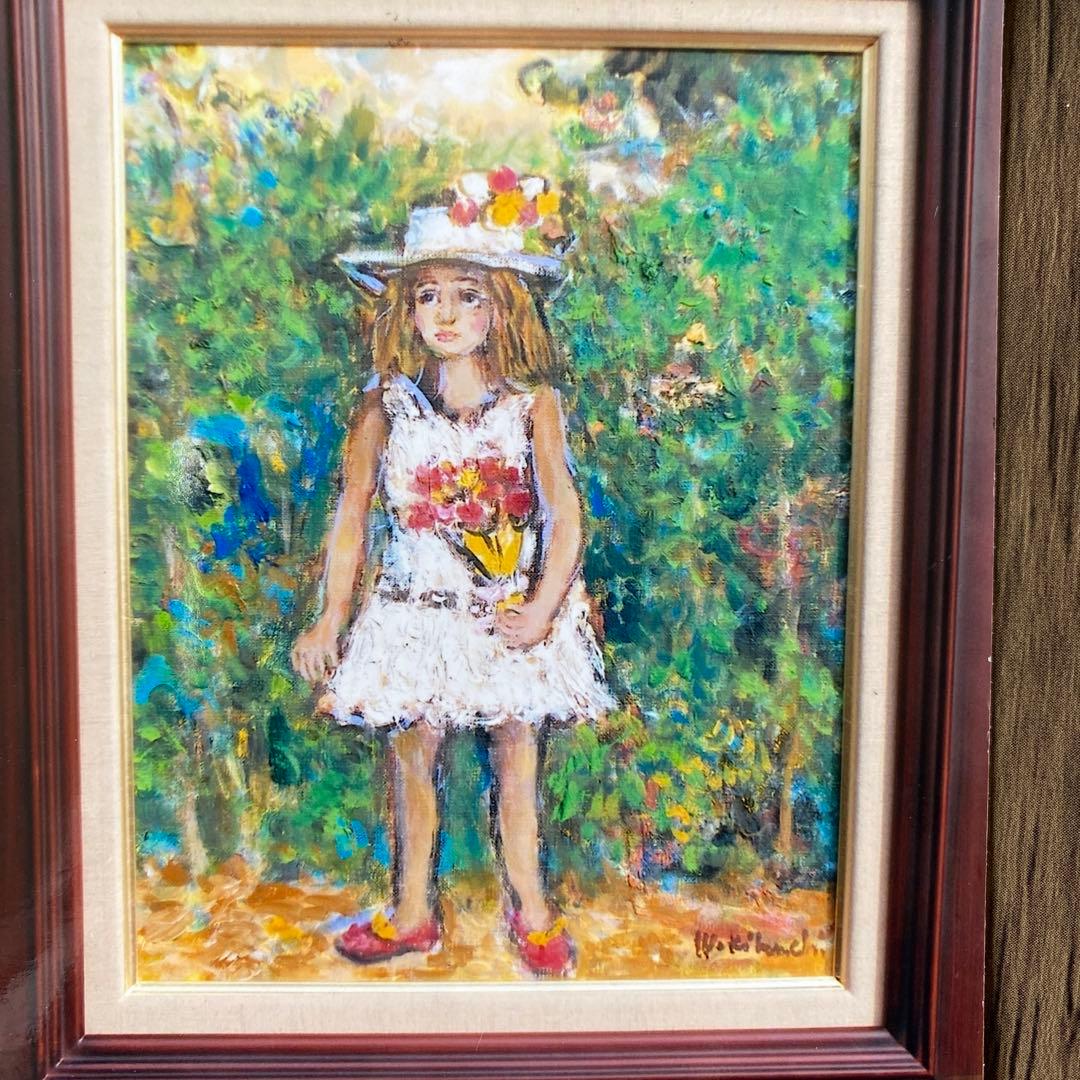 絵画　油彩画　油絵　「ブーケを持つ少女」F6号　菊地正則　額付き　美品　送料無料