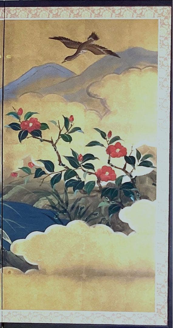 四つ折り屏風　日本画　金箔彩色　『鴨に梅・芙蓉』