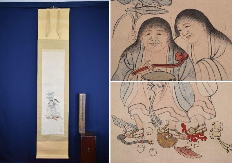 【真作】来章/福神二座図/掛軸☆宝船☆AA-958