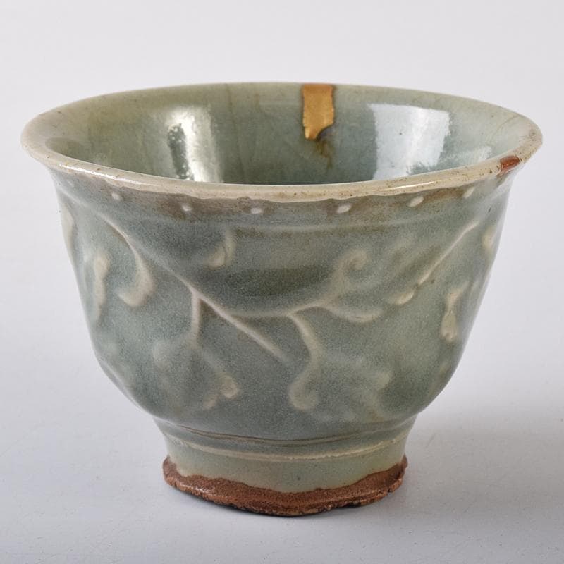 中国　青磁　花文　盃　時代箱付　M　R8208