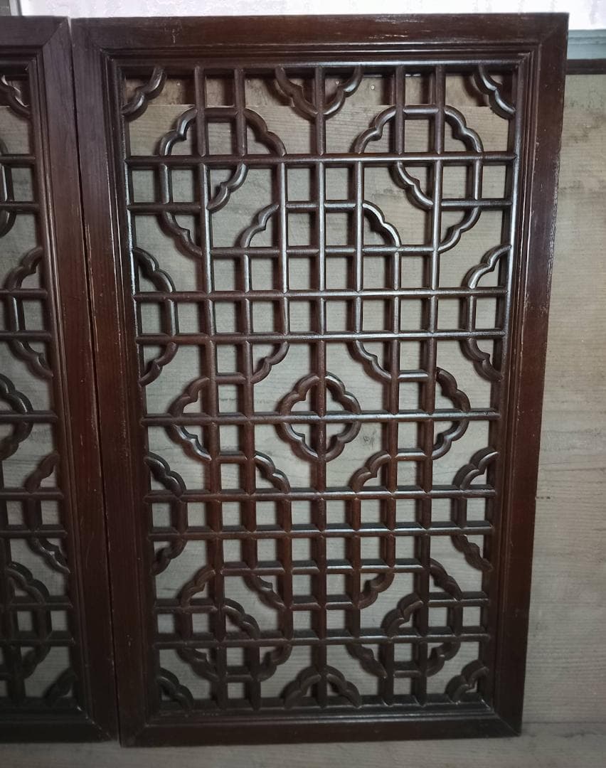 アンティーク 木製 格子 建具 2枚セット 幾何学模様 透かし彫り 時代家具