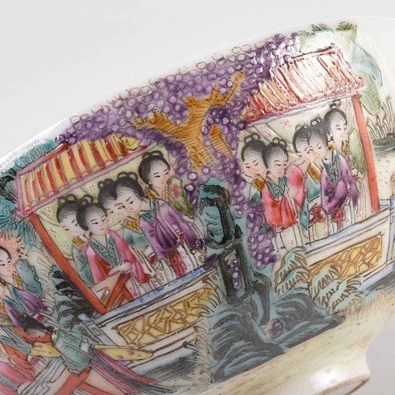 中国　大清光緒年製　粉彩　百美図　茶碗　一對　唐木台付　M　R8899