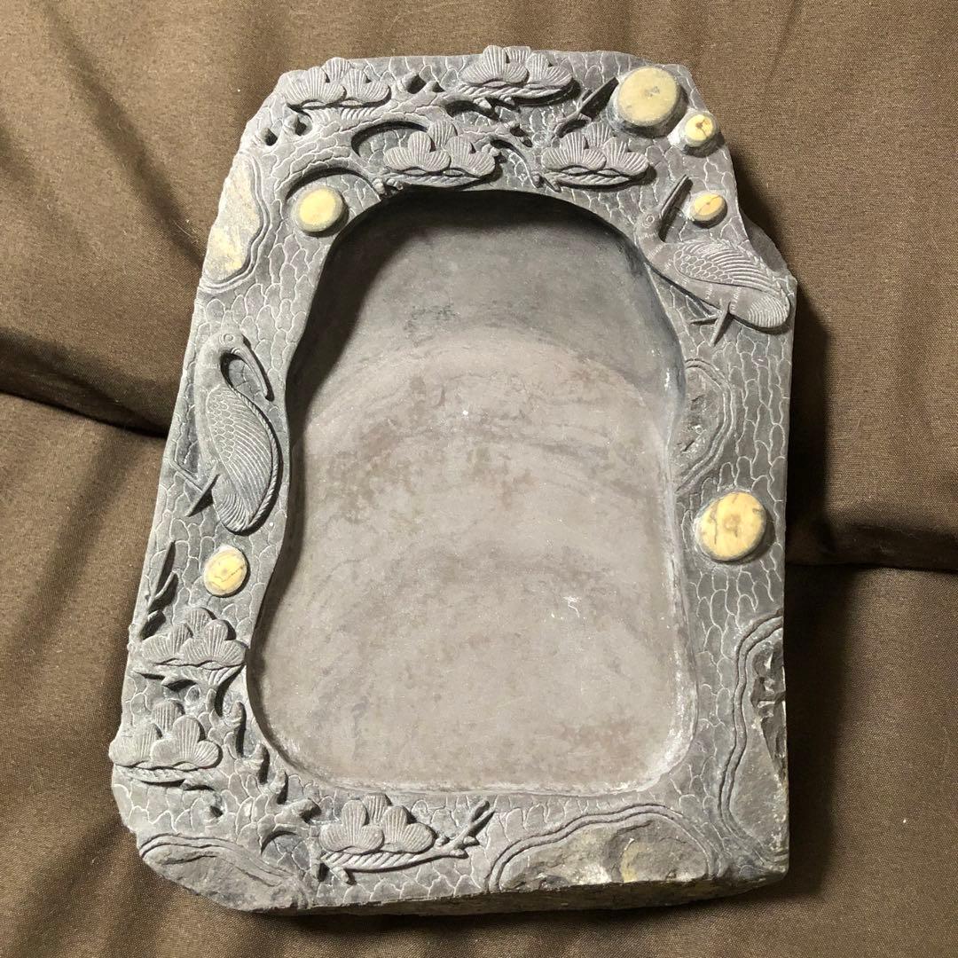 端渓名硯　中国硯　石目高級硯石　石筋模様　石眼多数　中国古美術　骨董　松刻鶴刻