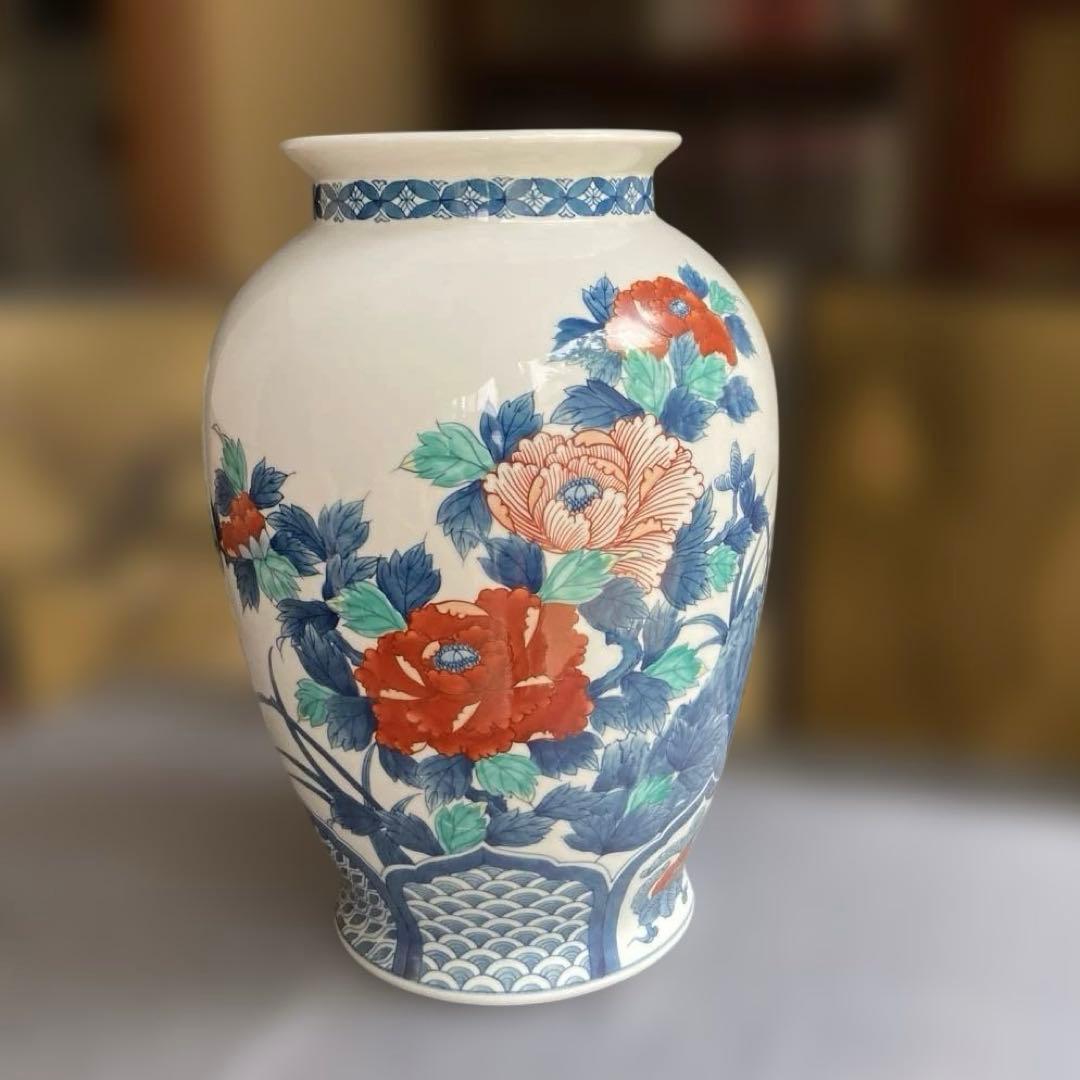 鍋島隆山作　色鍋島牡丹草花紋 高さ:33cm径22.5cm 径口15cm