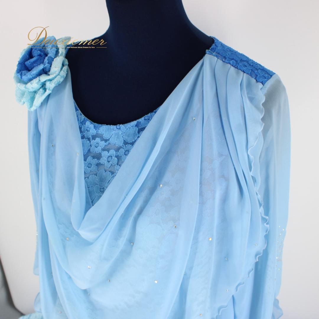 【美品 タグ付き社交ダンス衣装】ワンピース ドレス ACROSS 青 水色 花柄