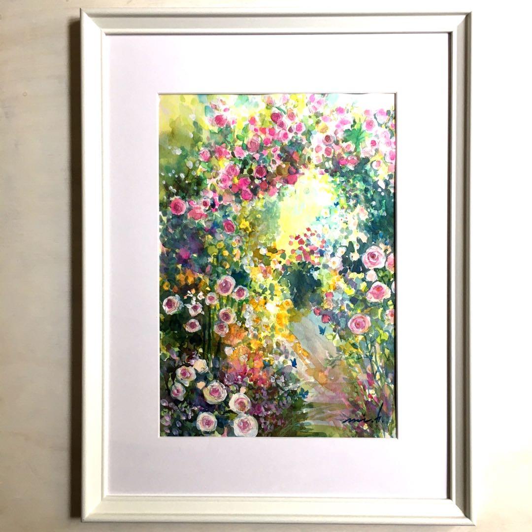 秘密の花園　透明水彩画　ホワイト額入り