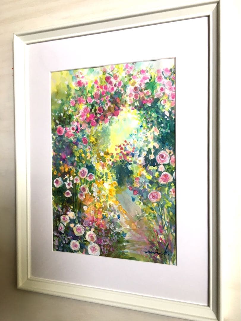 秘密の花園　透明水彩画　ホワイト額入り