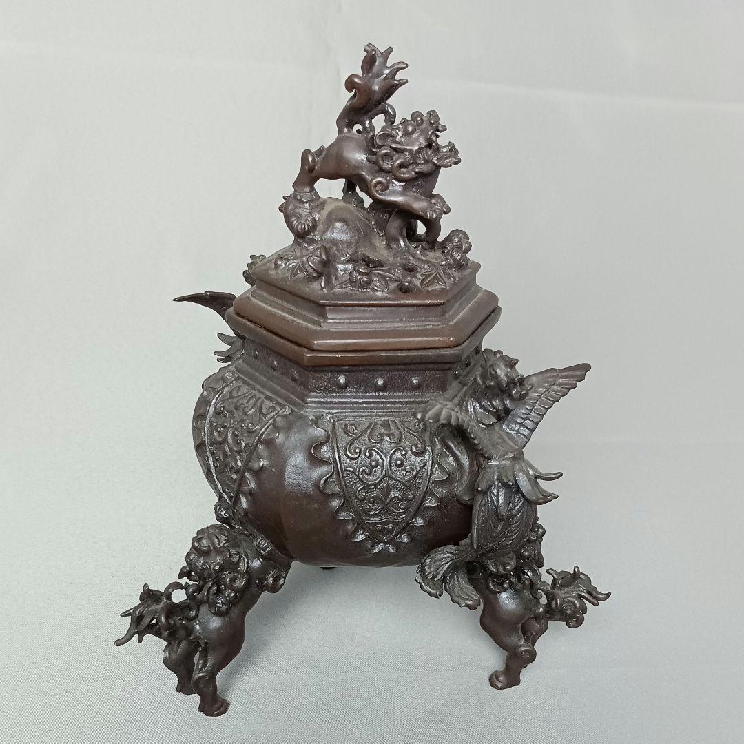 高岡銅器 二上元威 蝋型鋳銅 唐獅子 鳳凰香炉 銅香炉