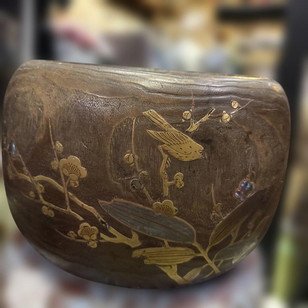 美品　時代　桐火鉢　秋草蒔絵 火鉢　螺鈿入り　茶道具　骨董品　木製火鉢　100年