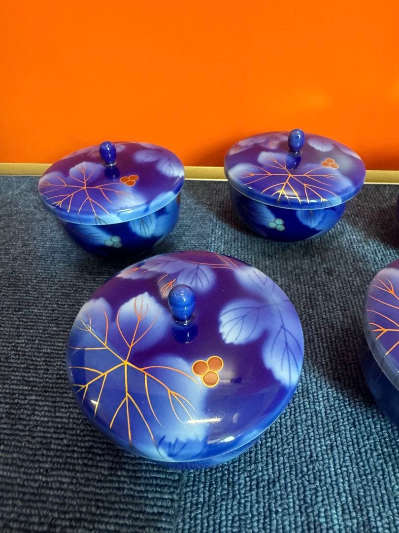 2031 深川製磁　葡萄瑠璃　湯呑蓋付　5客　金彩　未使用