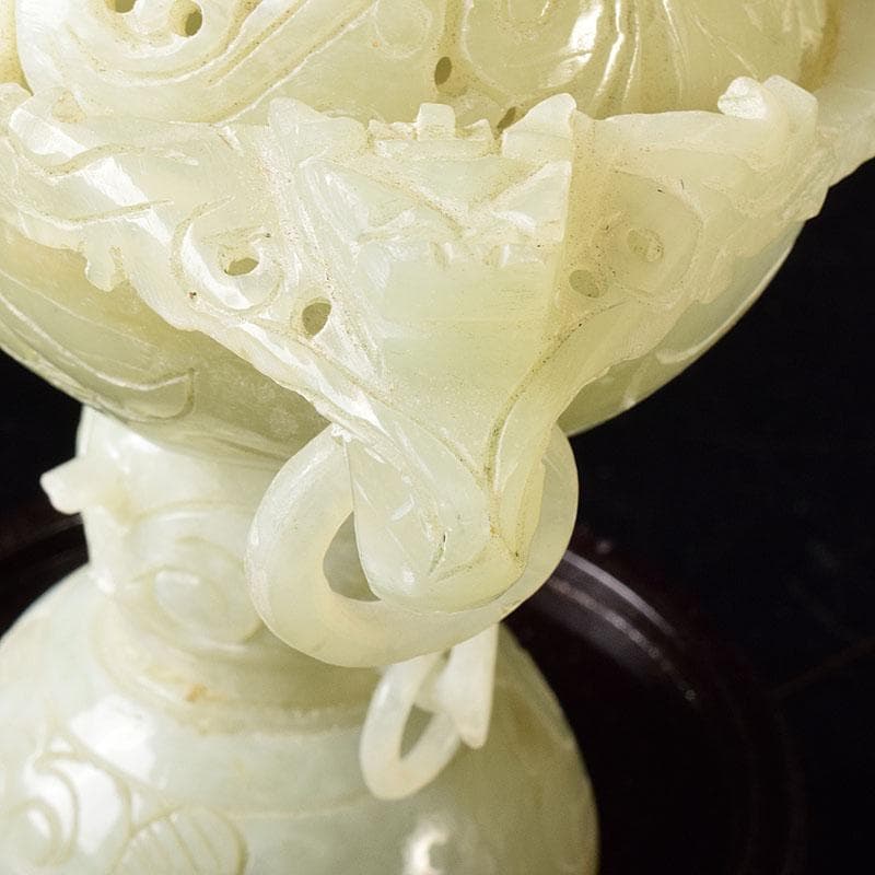 中国　玉石彫刻　雙耳活環　龍鈕蓋爐　塔香炉　唐木台付　7654C
