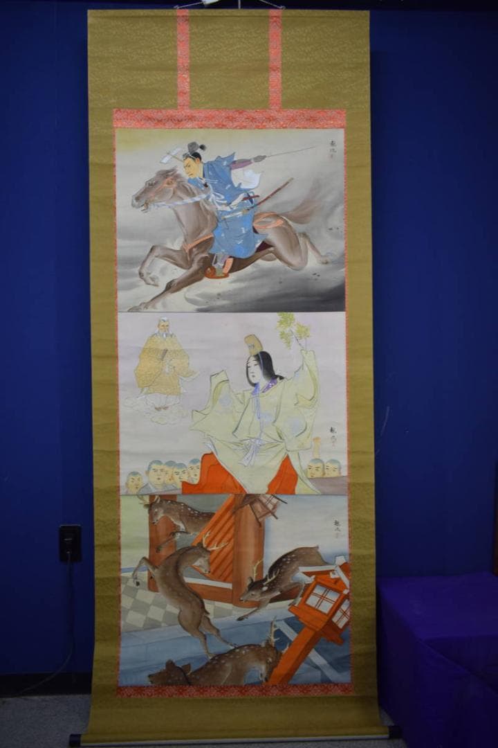 真作/観風/親鸞聖人/神鹿/春日明神/岡崎/能舞図/大幅/布袋屋掛軸HK-77