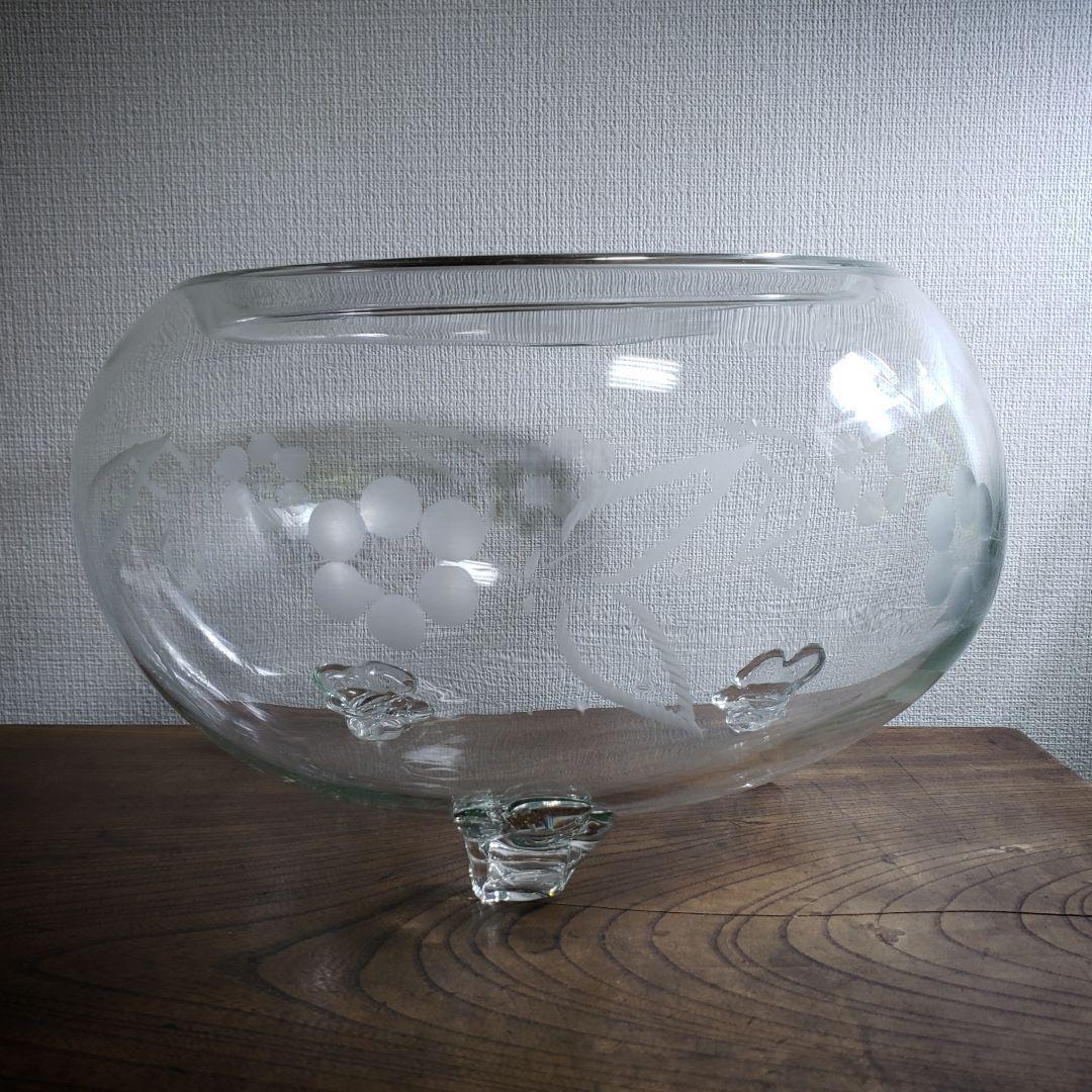金魚鉢 明治 大正 昭和初期 昭和レトロ 切子 グラビュール 花 猫足 気泡多数