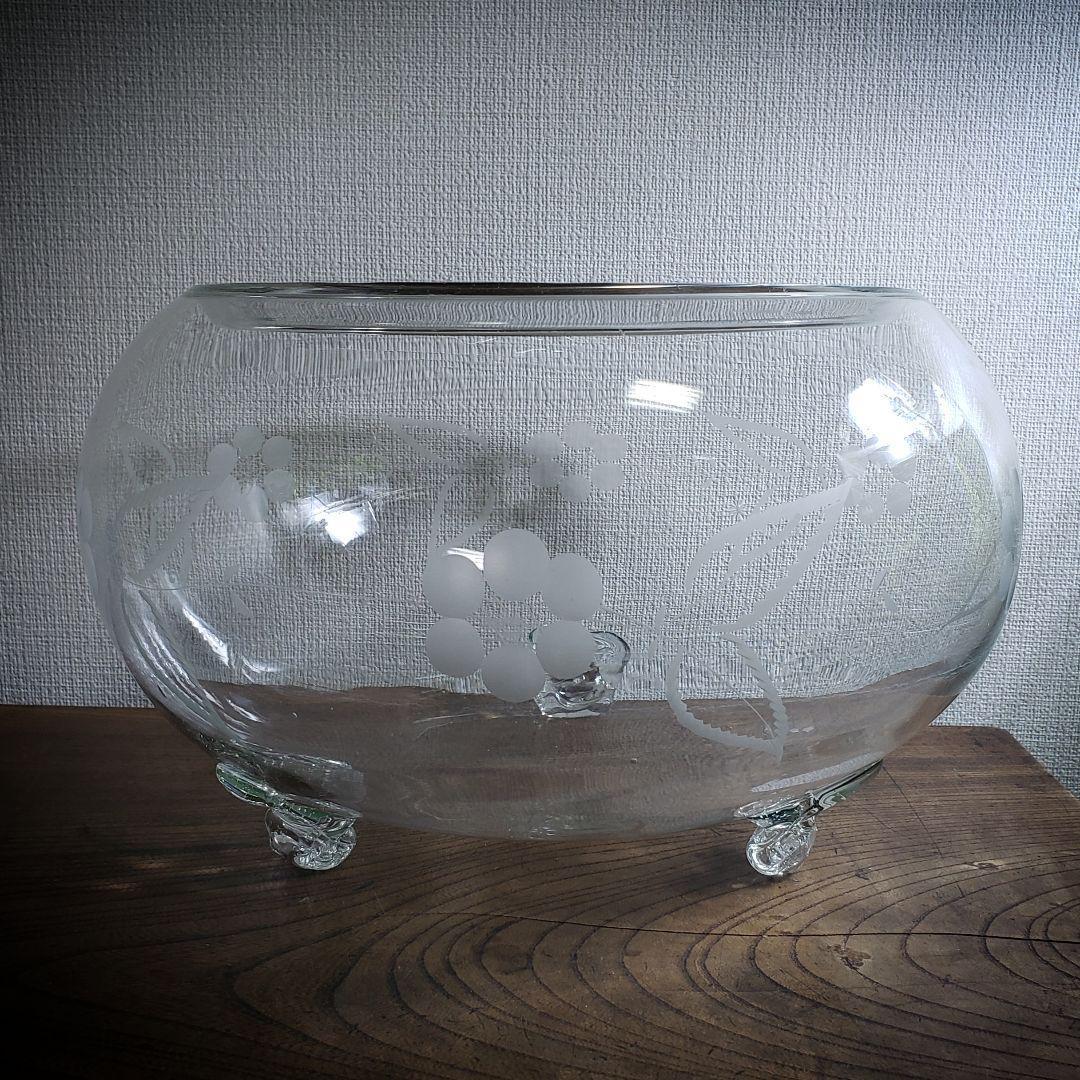 金魚鉢 明治 大正 昭和初期 昭和レトロ 切子 グラビュール 花 猫足 気泡多数